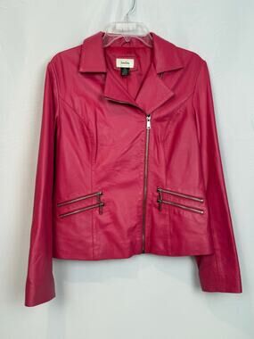 Neiman Marcus Exclusive Raspberry Pink Genuine Leather Moto Jacket Size Large